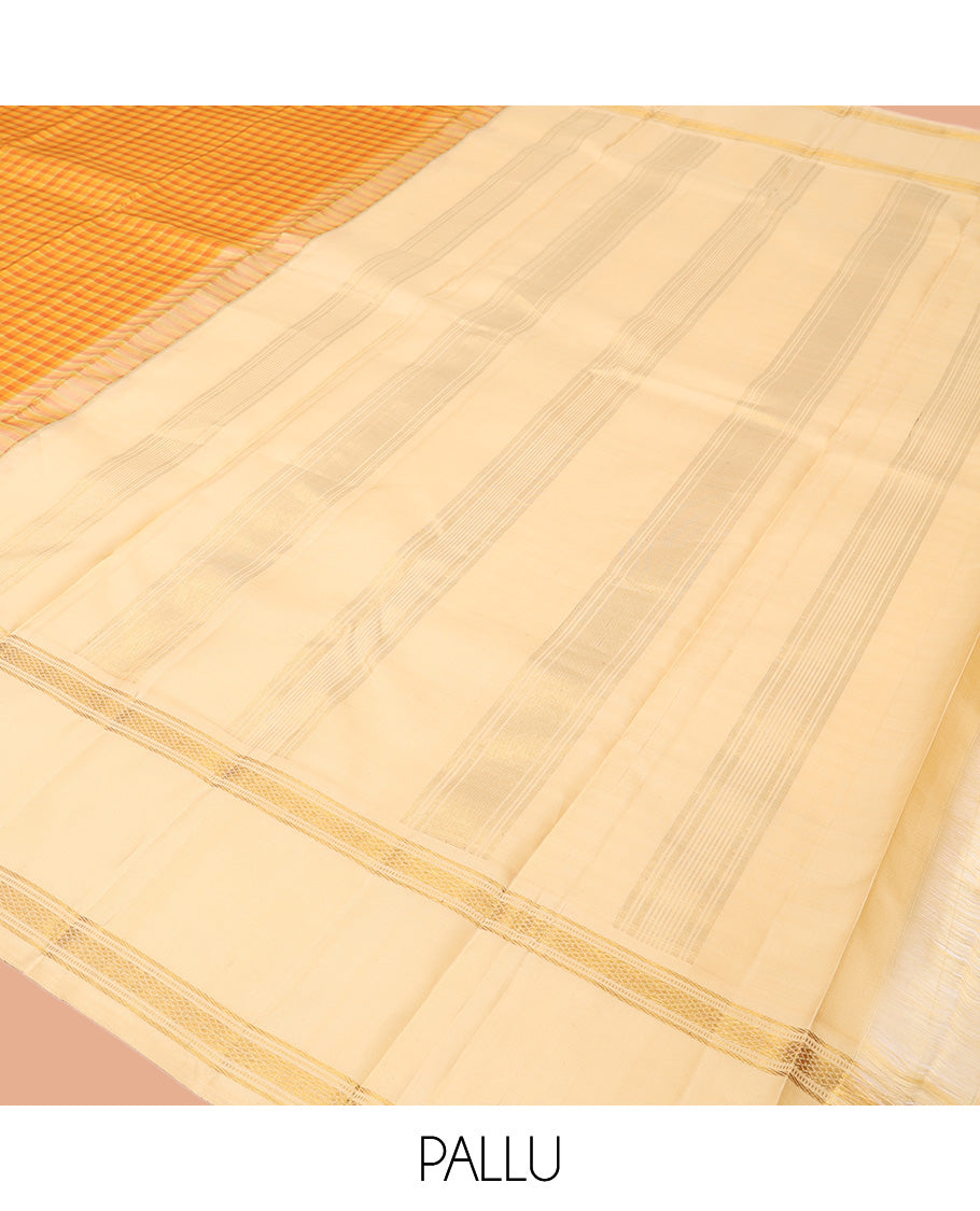 Yellow Checked Kanchipuram Silk Saree, Complemented by a Contrast Border of Muthu, Banaras, and Kuyil Kann Designs, Zari Woven Pallu, and Contrast Blouse