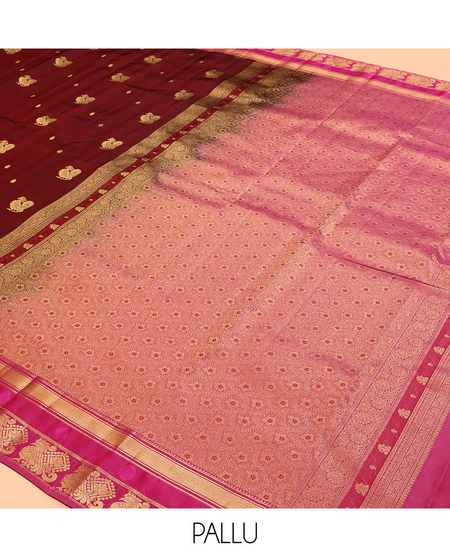 Maroon Vasundhara Lite Silk Mix Saree, Woven with Mayil Buttas, a Contrast Border of Rekku, Banaras, Mayil Kann, and Annam Designs, Grand Pallu, and a Contrast Blouse