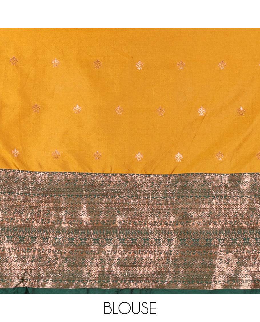 Yellow and Green Semi-Banarasi Half-Saree Beautifully Bedecked with Zari Buttas on Its Skirt, Complemented by a Contrast Traditional Zari Design Border, Paired with a Matching Blouse, and a Satin Georgette Embroidered Scallop Dhavani