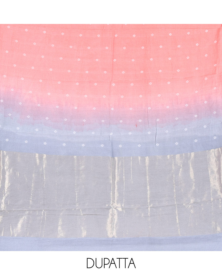 Grey and Pink Semi-Silk Material Churidar Set, Embellished with Bandhani Dots Print, Comes with a Plain Santoon Bottom, and Paired with a Double-Colored Dupatta of Bandhani Dots Print