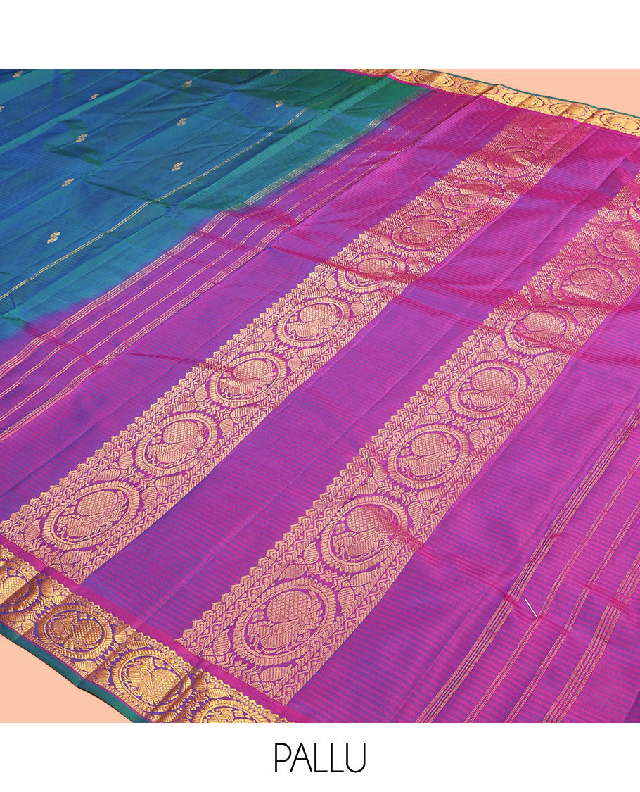 Blue Kanchipuram Silk Saree, Elevated with Vazhaipoo Stipes and Zari Buttas, a Contrast Traditional Mayil Motif Border, Pallu of Zari Design, and Contrast Blouse