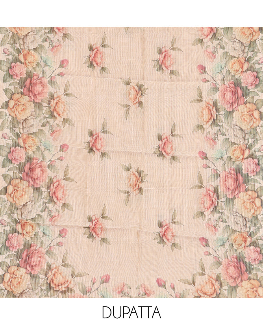 Gold-Chikku Tissue Material Churidar, Elevated with Rose Floral Printed Top, a Contrast Bottom, a Floral Printed Dupatta