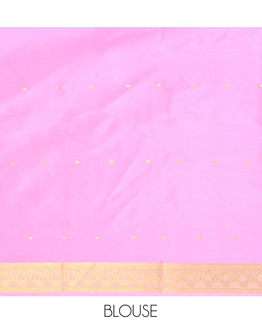 Yellow Zari Buttas Mysore Silk Saree, Complemented by a Contrast Traditional Zari Border, Zari Design Pallu, and a Contrast Blouse