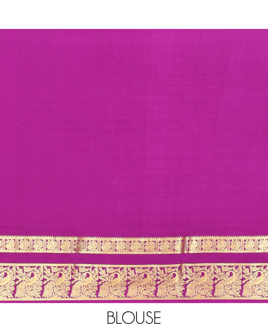 Purple Plain Mysore Silk Saree, Artfully Designed with Zari Border of Peacock Designs, Sparsely Woven Pallu of Stripes, and Paired with a Matching Blouse