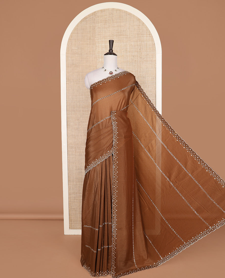 Brown stone and tube bead embroidered designer saree, scallop stone and kardana embroidered border