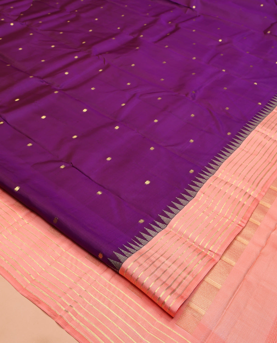 Vadamalli and Peach Pink Vasundhara Silk Saree, Enriched with Kamalam Zari Buttas All Over Its Body, Complemented by a Contrast Thazampoo Rekku Border of Banaras Designs, Gleaming Zari Striped Pallu, and Paired with a Contrast Blouse