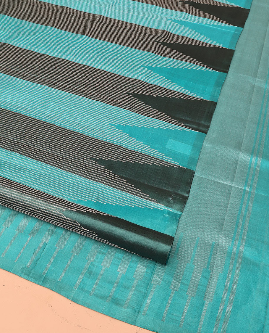 Blue Mayuri Soft Silk Saree, Subtly Sparkled with Thread Stripes All Over Its Body, Thazampoo Rekku Border, Sparsely Woven Pallu of Seppu Rekku Designs, and Paired with a Matching Blouse