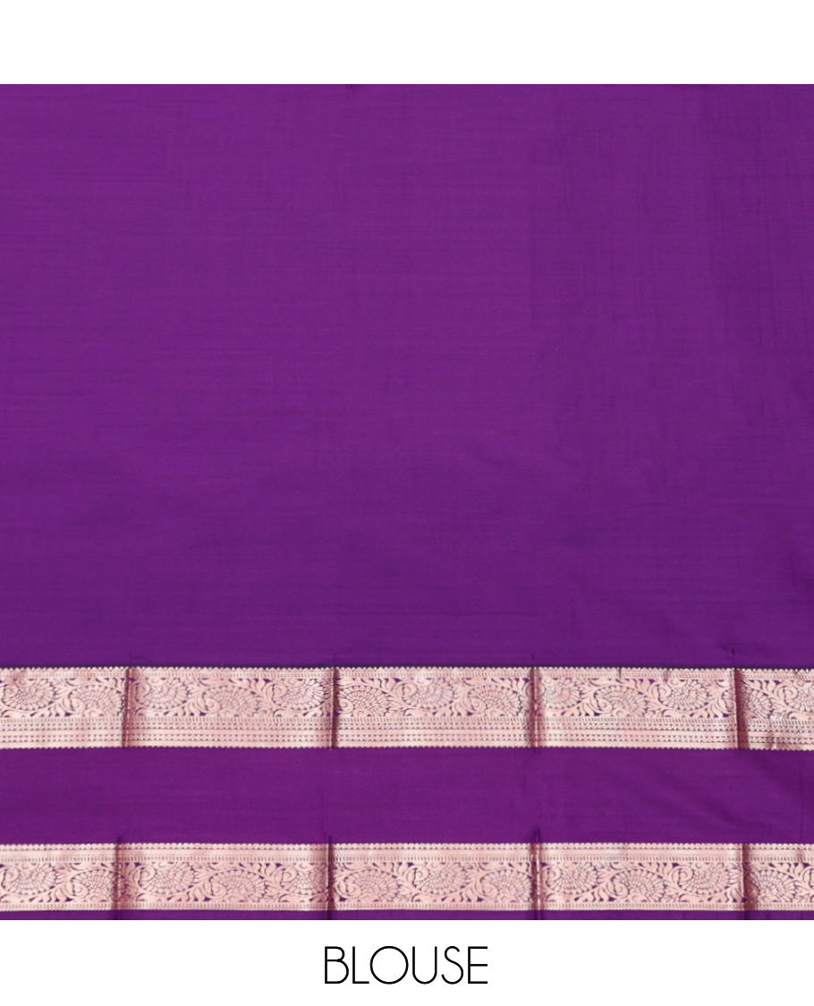 Lavender Budget Silk Saree, Embellished with Zari Buttas, Complemented by Contrast Traditional Zari Rettai Pettu Border, Grand Pallu, and a Contrast Blouse