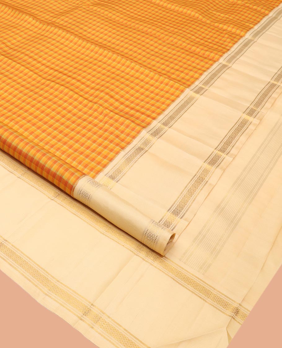 Yellow Checked Kanchipuram Silk Saree, Complemented by a Contrast Border of Muthu, Banaras, and Kuyil Kann Designs, Zari Woven Pallu, and Contrast Blouse