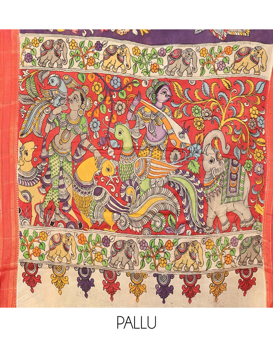Purple Kalamkari Printed Semi-Banarasi Tussar Saree, Bedecked with Flora, Fauna, and Human Motifs, Contrast Traditional Border, Contrast Printed Pallu, and a Contrast Blouse
