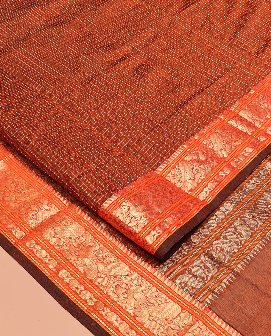 Brown Buttas Enclosed Checked Kuppadam Silk Saree, a Contrast Peacock Border, Grand Pallu, Matching Blouse