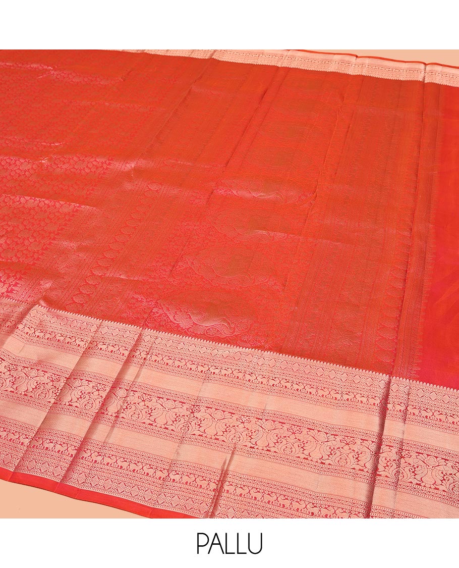 Red Kanchipuram Wedding Silk Saree, Beautified with Jacquard on Its Body, Highlighted by a Traditional Zari Border of Mayil Designs, Meticulously Pallu of Yaali Designs, and Paired with a Matching Blouse