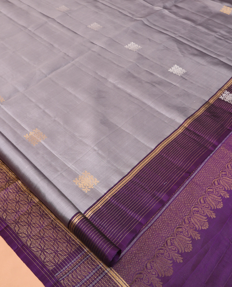 Grey Mayuri Lite Silk Mix Saree, Embellished with Zari Buttas, Complemented By Contrast Zari Striped Border, a Grand Geometric Pallu, and a Contrast Blouse