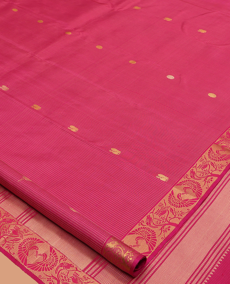 Pink Kanchipuram Silk Saree, Woven with Checks and Mayil Buttas, Highlighted by Bird Motif Woven Border, Zari Striped Pallu, and a Matching Blouse