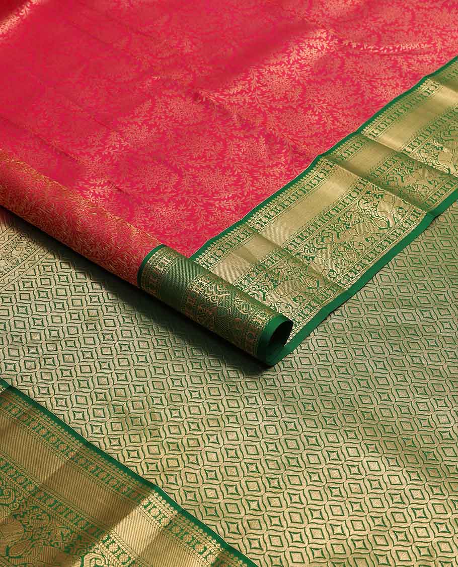 Red floral jaal design kancheepuram silk saree with contrast border of thilakam mokku, banaras, paun, muthu, yanai design & zari design pallu
