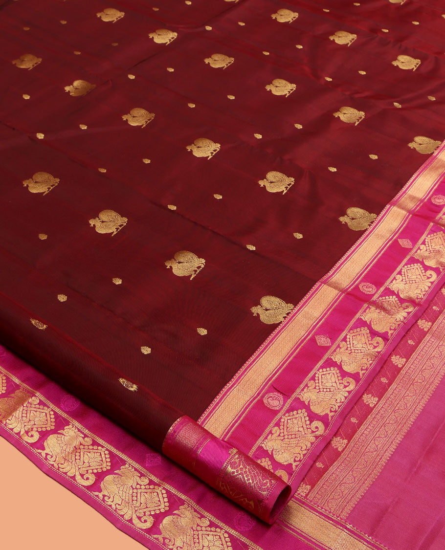 Maroon Vasundhara Lite Silk Mix Saree, Woven with Mayil Buttas, a Contrast Border of Rekku, Banaras, Mayil Kann, and Annam Designs, Grand Pallu, and a Contrast Blouse