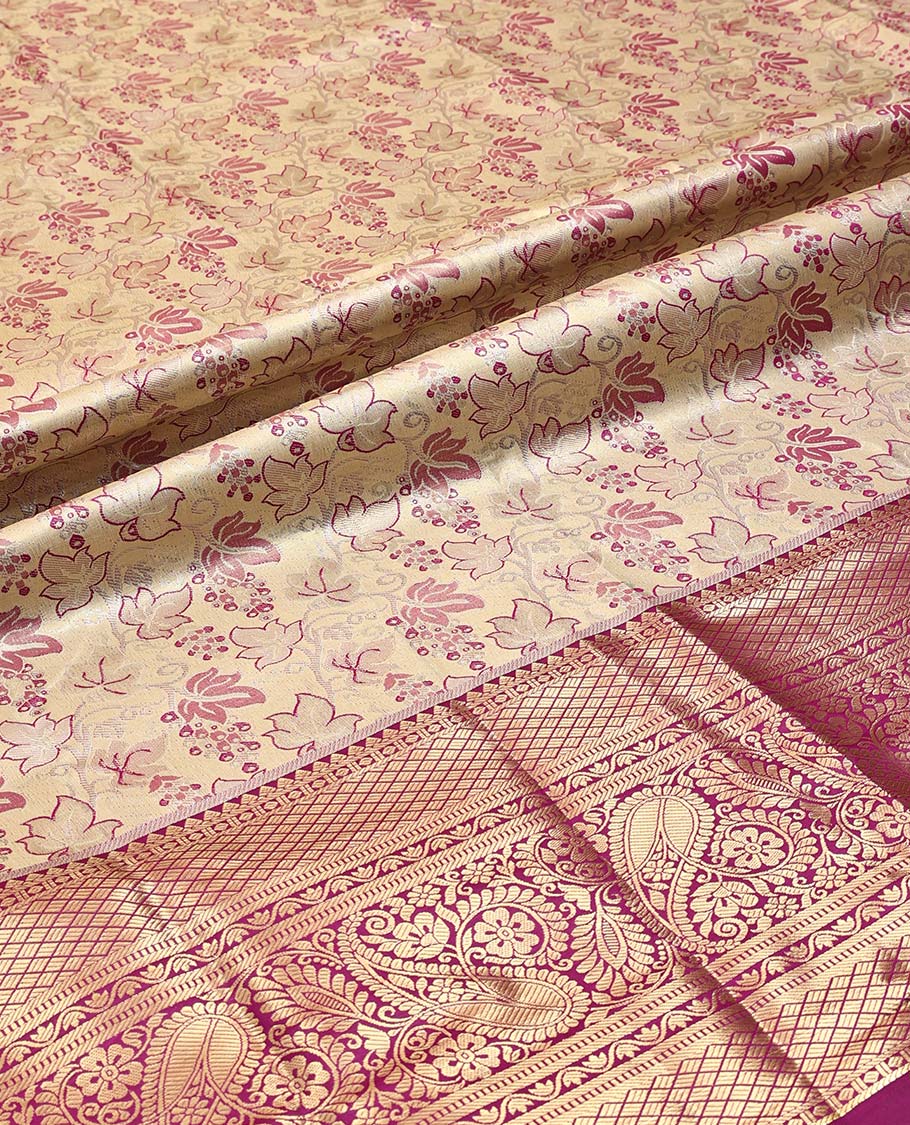 Off-white Art Silk Material Half-Saree Set, Subtly Sparkled with Jacquard Design Skirt, Complemented by Contrast Traditional Zari Designs Woven Border, Grand Jacquard Blouse, and Paired with a Intricate Blouse