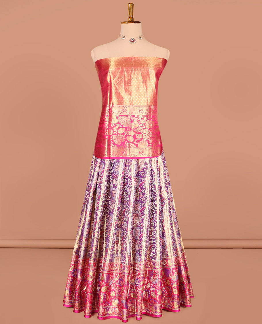 Purple Pure Silk Half-Saree Richly Detailed with Floral Jacquard Design on Its Skirt, Complemented by a Contrast Meenakari Border Featuring Mayil and Yaanai Designs, Comes with a Contrast Jacquard Blouse and a Dhavani of Manga Designs