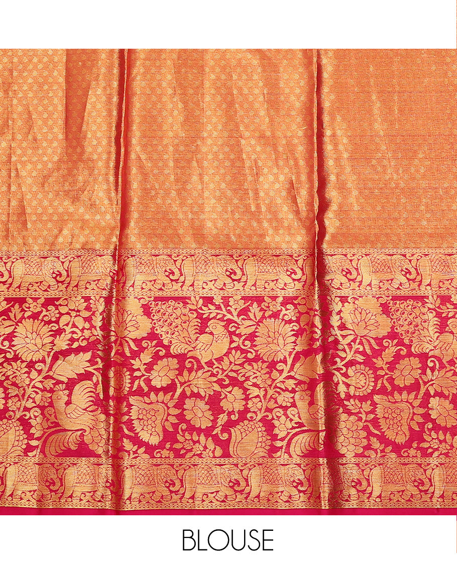 Purple Pure Silk Half-Saree Richly Detailed with Floral Jacquard Design on Its Skirt, Complemented by a Contrast Meenakari Border Featuring Mayil and Yaanai Designs, Comes with a Contrast Jacquard Blouse and a Dhavani of Manga Designs