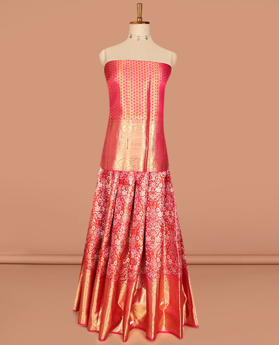 Red pure-silk half saree, jacquard skirt, zari border & blouse of thilakam,muthu,poo chakram & mayil kann & intricate dhavani