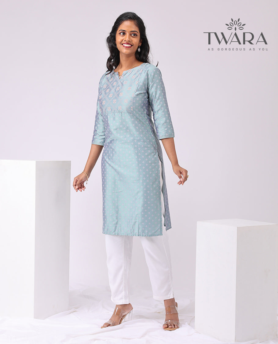Twara Blue floral motifs boat neck , knee length , 3/4 sleeve kurti