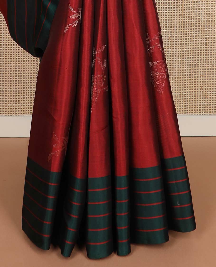 Red zari buttas silk mix saree, contrast striped border & pallu features stripes & floral designs