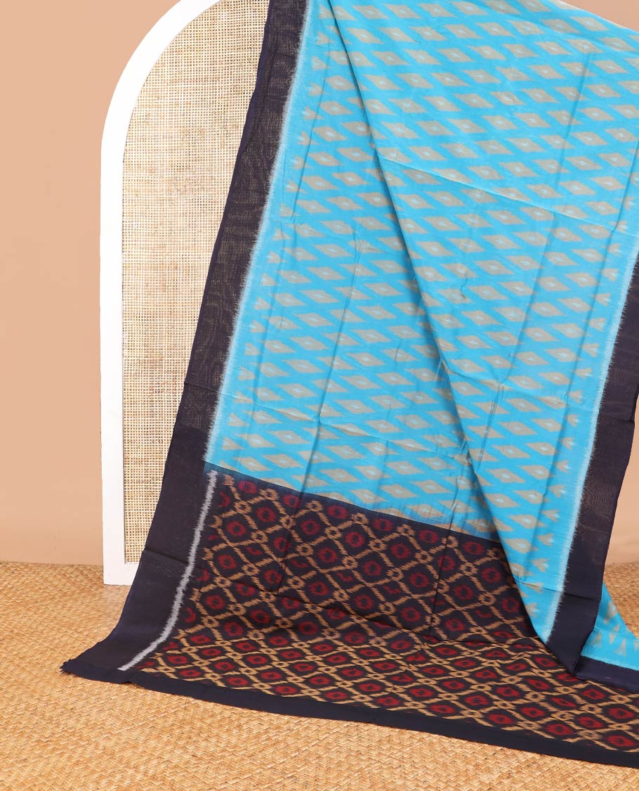 Light blue geometric design ikkat cotton saree with contrast border & argyle design pallu