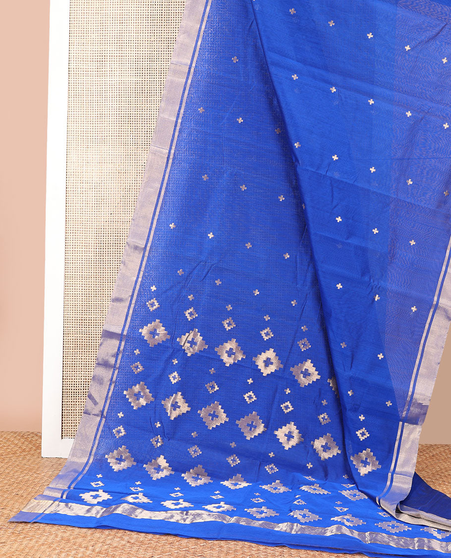 Blue geometric design chanderi cotton saree with self zari border & geometric design pallu