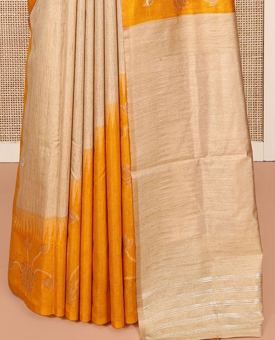 Borderless Sandal and Yellow Dupion Silk Saree, Charmingly Accented with Half-And-Half-Style and Pichwai Lotus Vine, a Contrast Zari Striped Pallu, and a Contrast Blouse