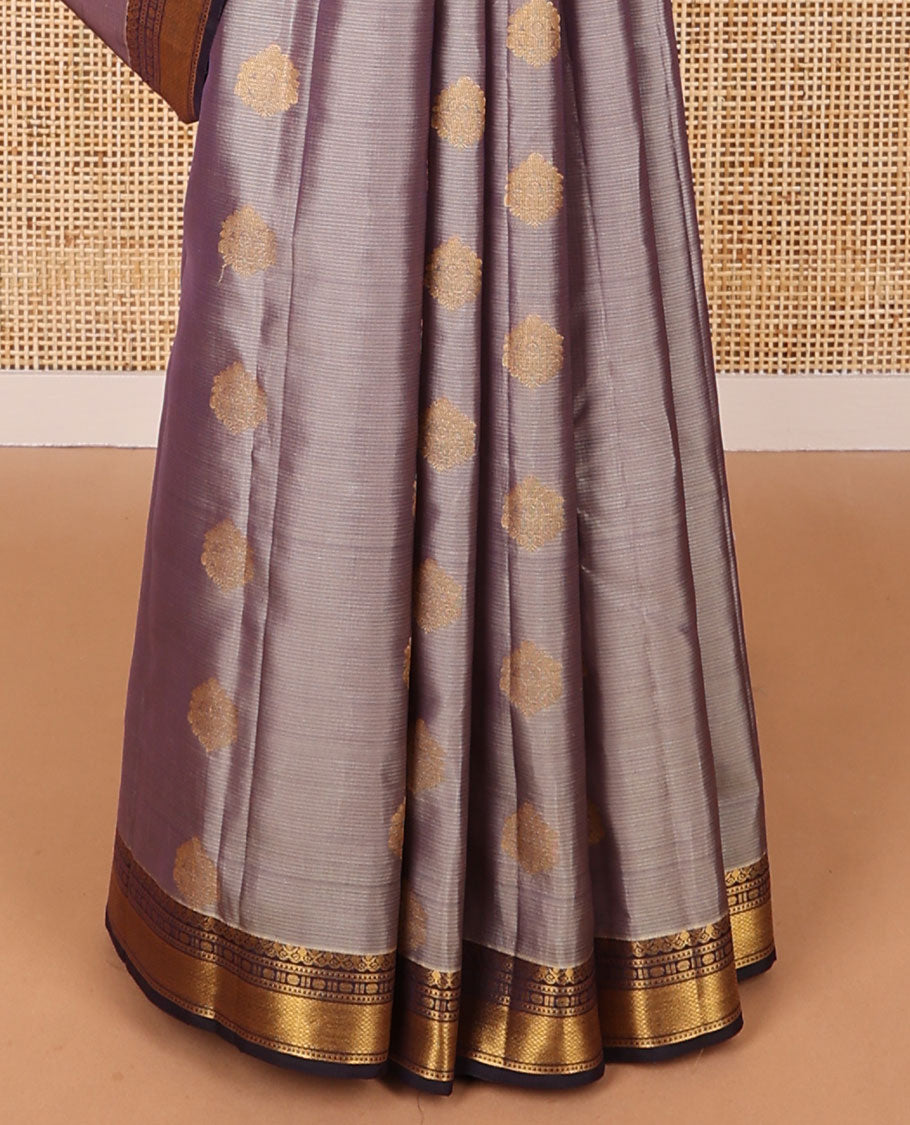 Grey striped, floral buttas vasundhara elite silk saree with contrast traditional zari design border & floral jaal design pallu