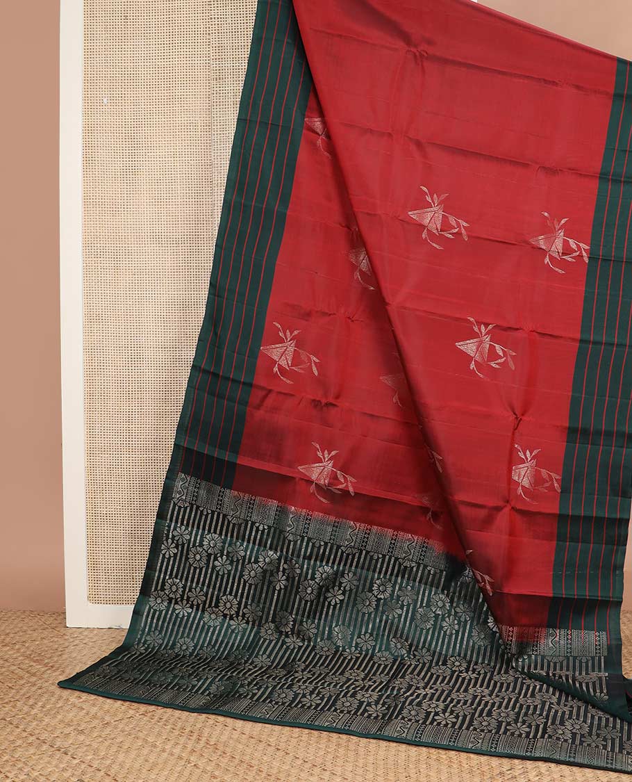 Red zari buttas silk mix saree, contrast striped border & pallu features stripes & floral designs