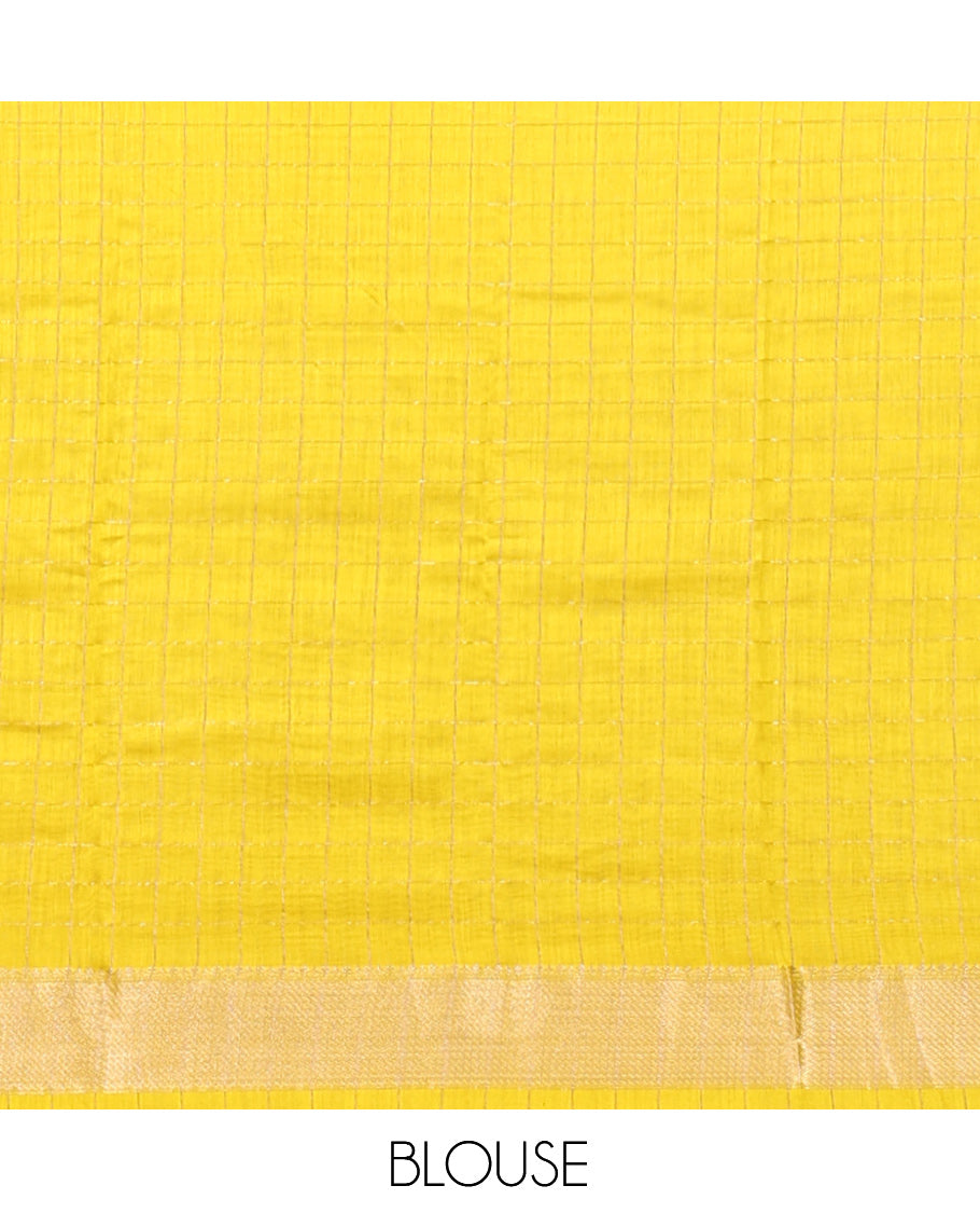 Yellow Assam Silk Saree, Accentuated with Zari Checks, Highlighted by Zari Border, Gleaming Zari Striped Pallu, and a Matching Blouse