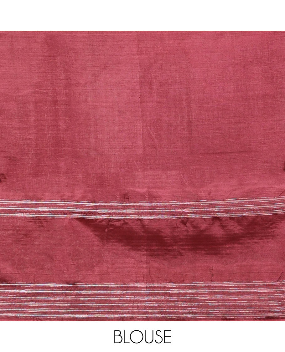 Maroon Banana Pith Saree, Finely Crafted with Buttas All Over Its Body, Subtle Self-Border of Stripes and Buttas, Pallu Steeped with Stripes, and Paired with a Matching Blouse