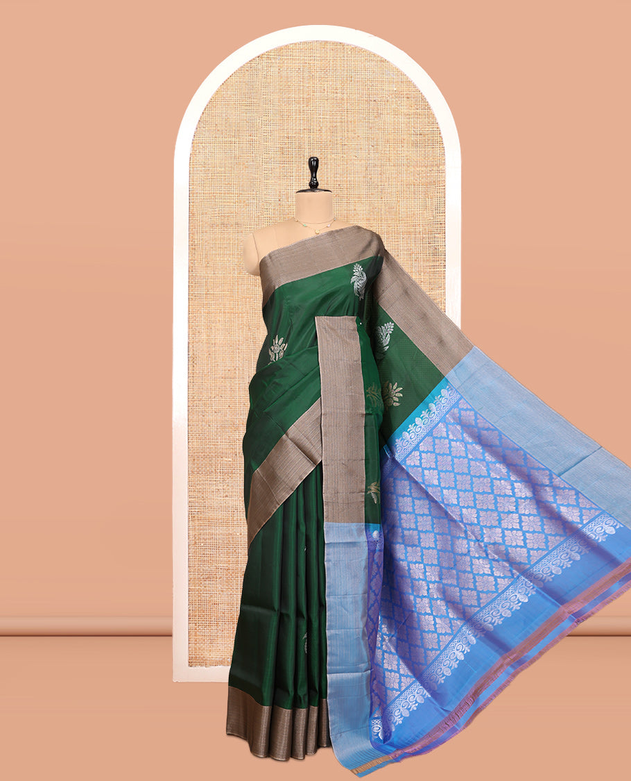 Green Uppada Saree, Bedecked with Floral Buttas, a Bavanji Border, Contrast Intricate Pallu, and a Contrast Blouse