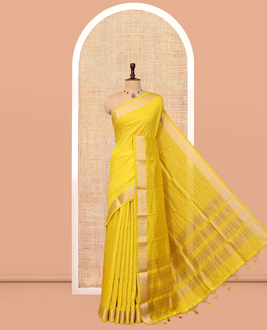 Yellow Assam Silk Saree, Accentuated with Zari Checks, Highlighted by Zari Border, Gleaming Zari Striped Pallu, and a Matching Blouse