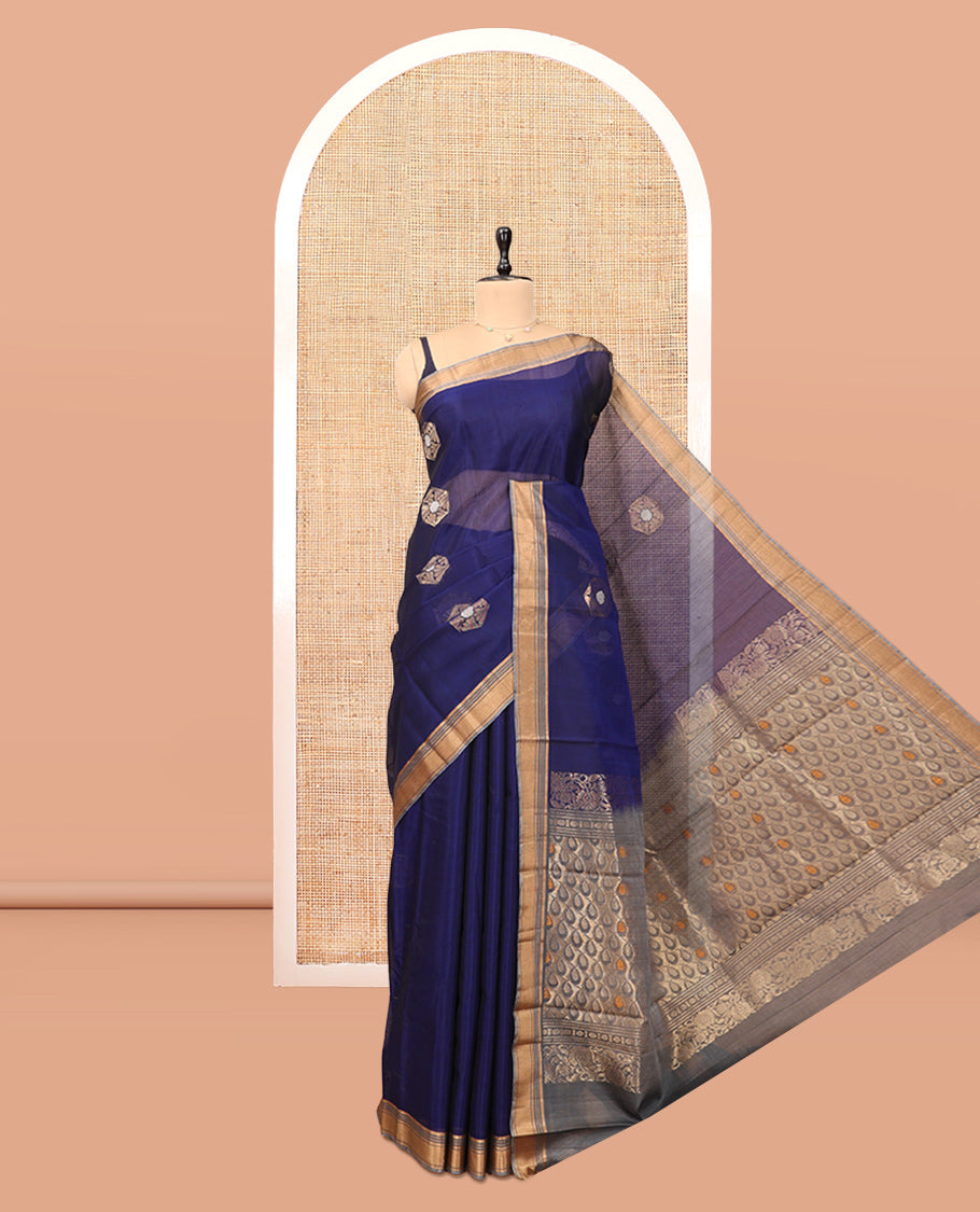 Blue Silk Cotton Saree, Beautifully Bedecked with Hexogon Zari Buttas, a Contrast Zari Border, Intricate Pallu, and a Contrast Blouse