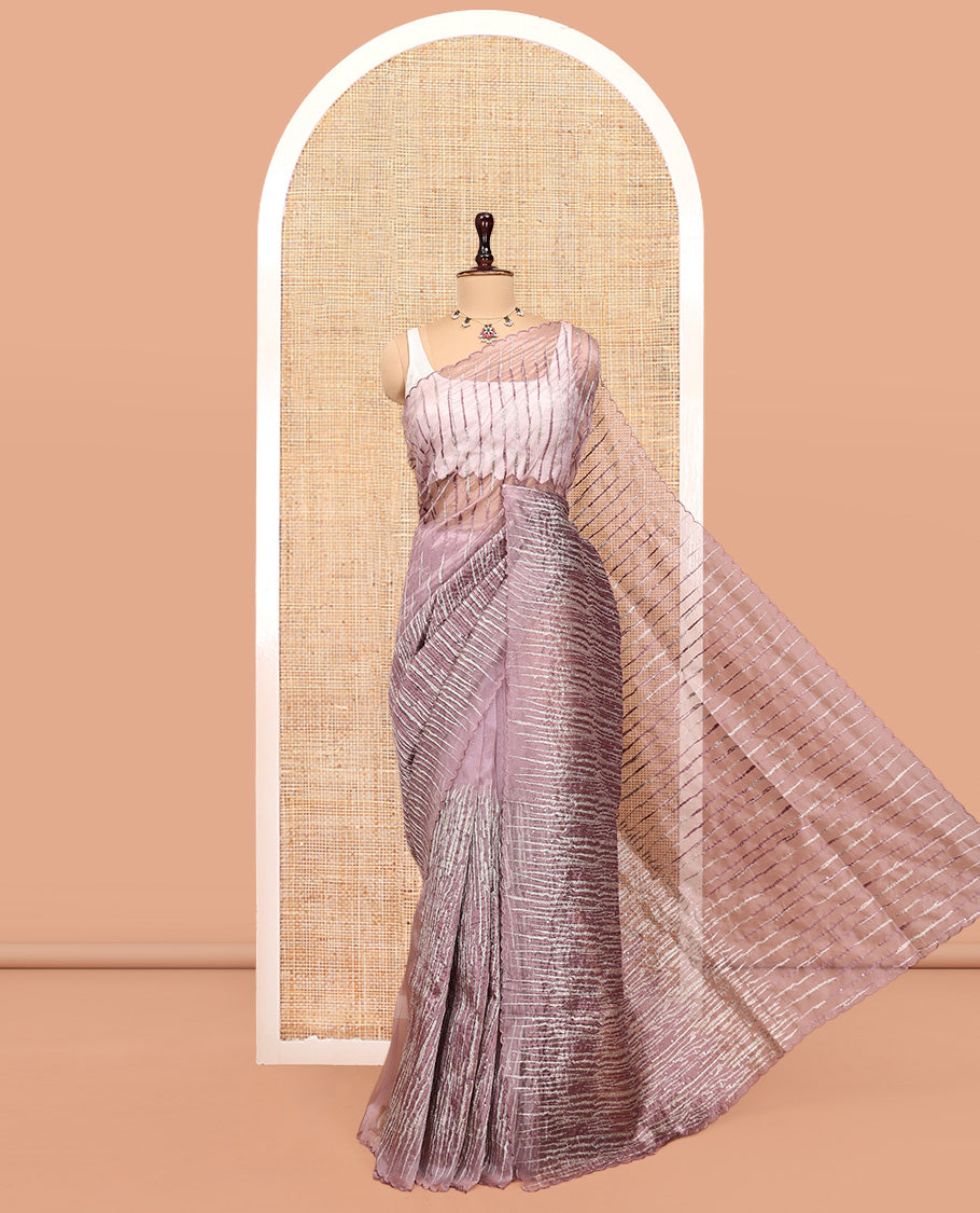 Onion Pink Organza Saree, Beautifully Bedecked with Vine Embroidery, a Scalloped Border, and a Matching Blouse
