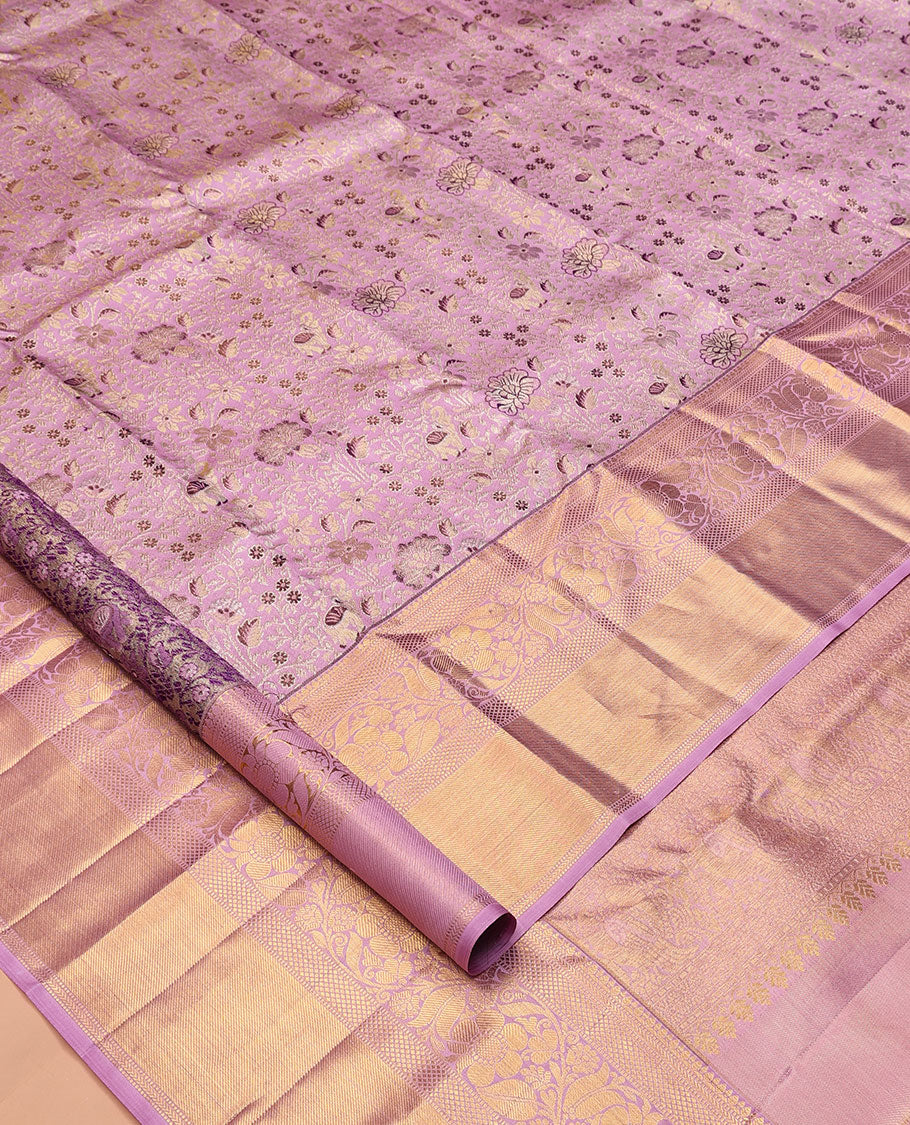 Pink Kanchipuram Tissue Silk Saree, Artfully Detailed with Floral Jacquard, Zari Border of Muthu, Kathir, Kuyil Kann, Mayil Kann, and Kodi Visiry Designs, Grand Pallu, and Matching Blouse