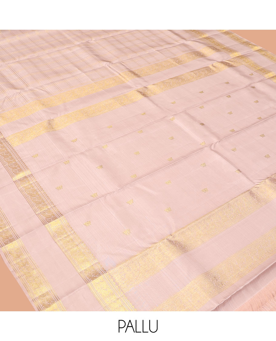Baby Pink Kanchipuram Silk Saree, Crafted with Zari Checks, Highlighted by Zari Rettai Pettu Border, Zari Buttas Pallu, and Matching Blouse