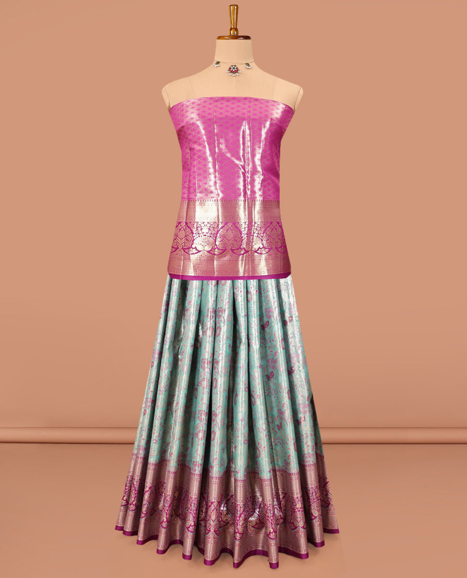 Blue Art Silk Material Half Saree, Majestically Detailed with Jacquard Skirt, a Contrast Meenakari Zari Border, Contrast Blouse, and an Intricate Dhavani