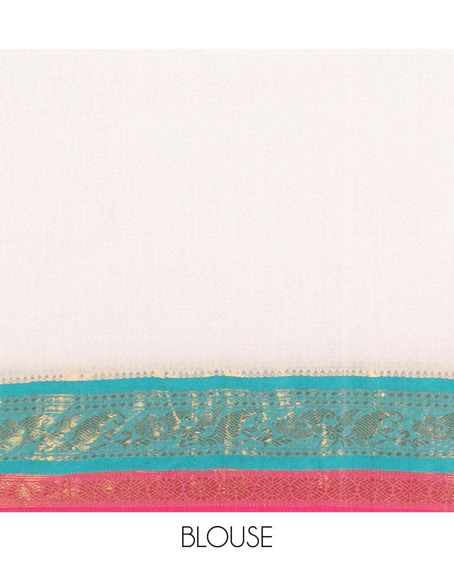 Cream Plain Khadi Mul Cotton Saree, Complemented by a Contrast Traditional Zari Border of Floral Creeper Designs, and a Matching Blouse