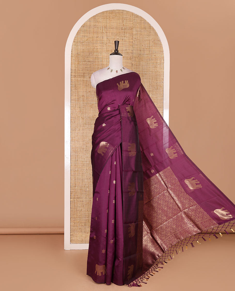 Borderless wine floral and elephant buttas zari woven kanchi silk saree, intricate pallu, and matching zari design blouse