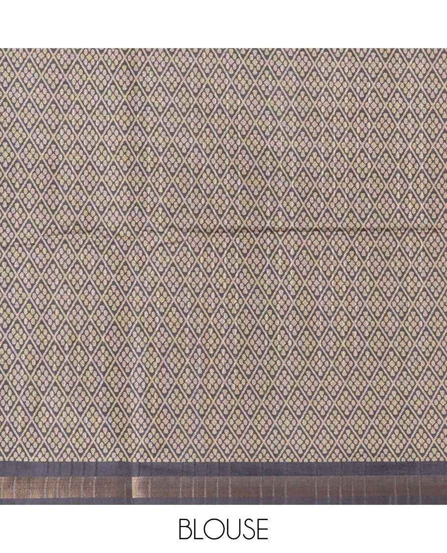 Olive Green stripes & thread buttas Kathan silk saree, contrast chakram motif border, jaal print pallu & contrast jaal print blouse