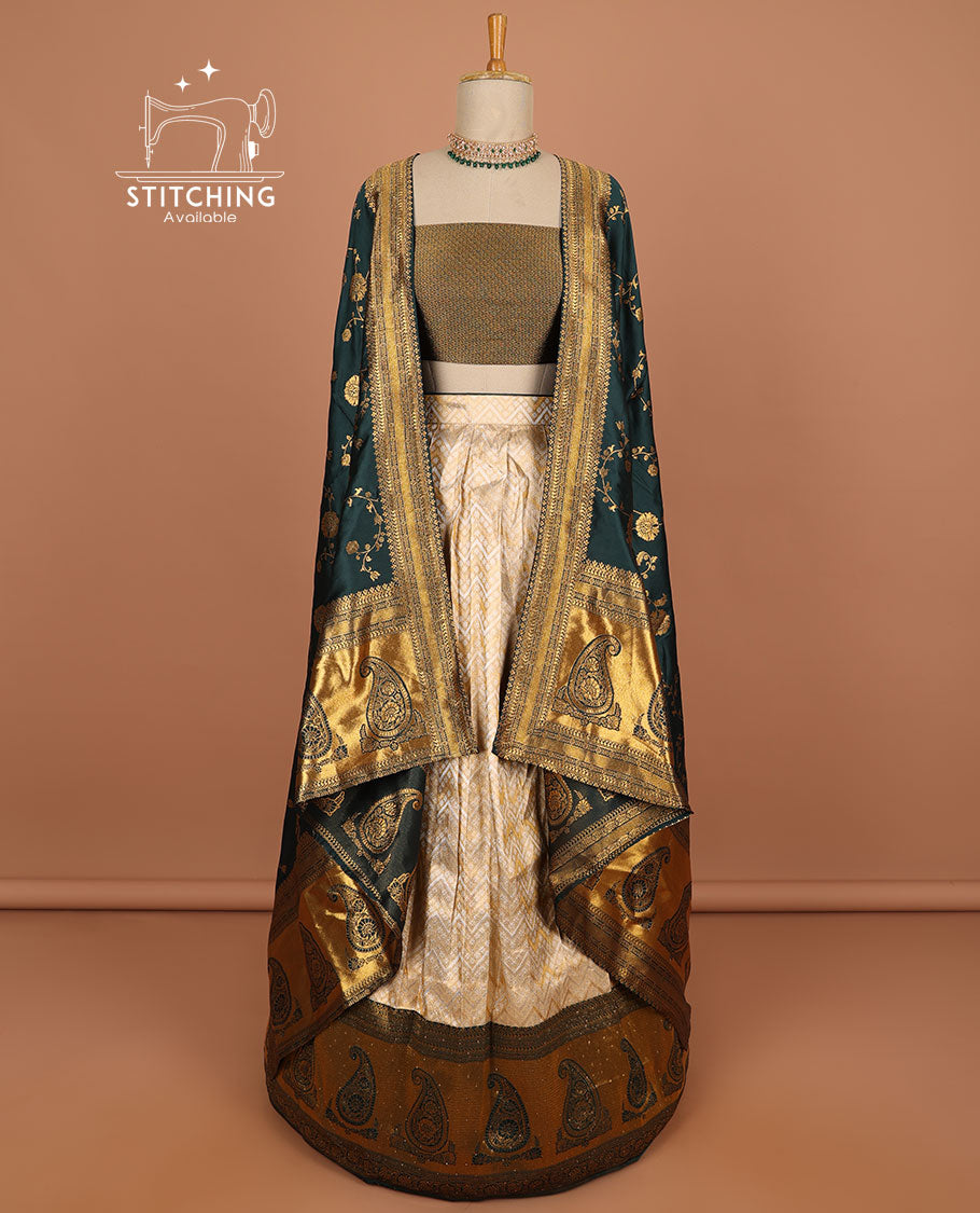 Cream geometric design half saree with contrast zari border, zari design blouse & green floral zari design dhavani