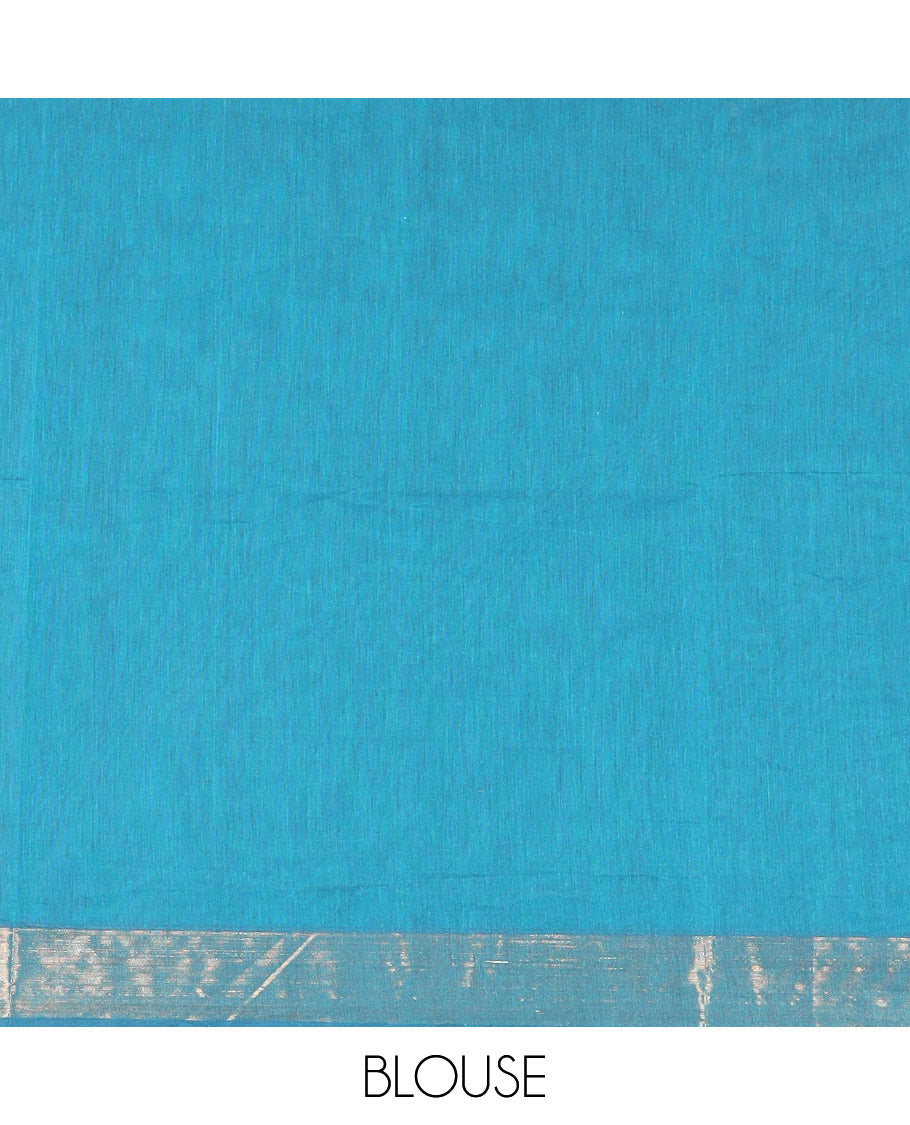 Blue Coimbatore Cotton Saree Delicately Designed with Stripes, Checks, and Buttas All Over Its Body, Subtly Zari Border, Sparsely Woven Pallu of Floral-Leaf Designs, and Paired with a Matching Blouse