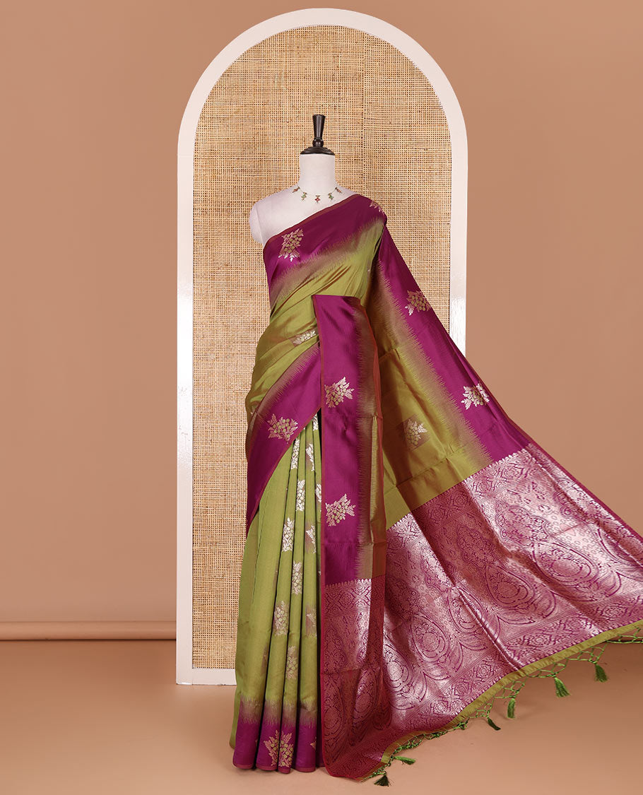 Green-purple floral buttas elite soft silk saree, contrast floral buttas border, and pallu of Mughal-style intricate zari designs