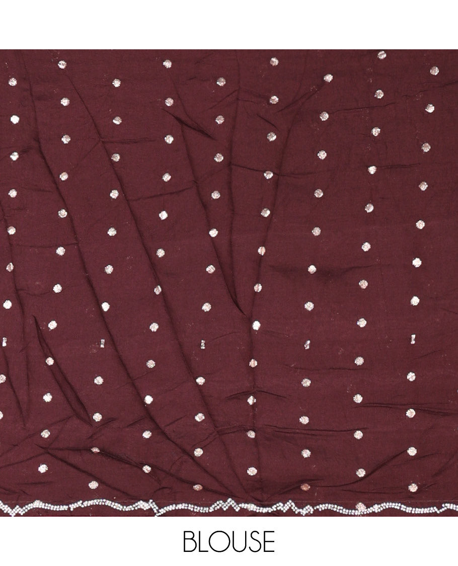 Wine brasso-style floral design luxury georgette saree, Swarovski stonework border & blouse of buttas & Swarovski stonework