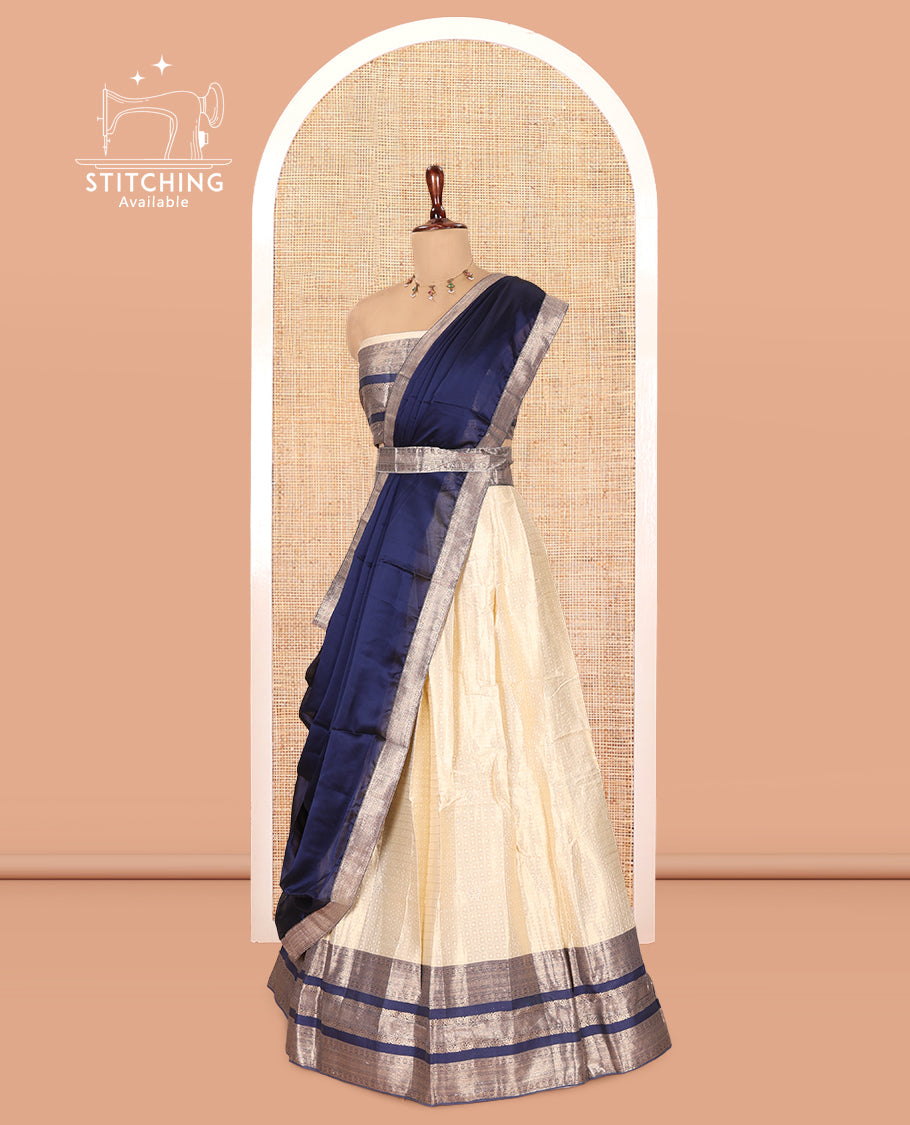 Cream-Navy Blue Semi-Silk Half-Saree
