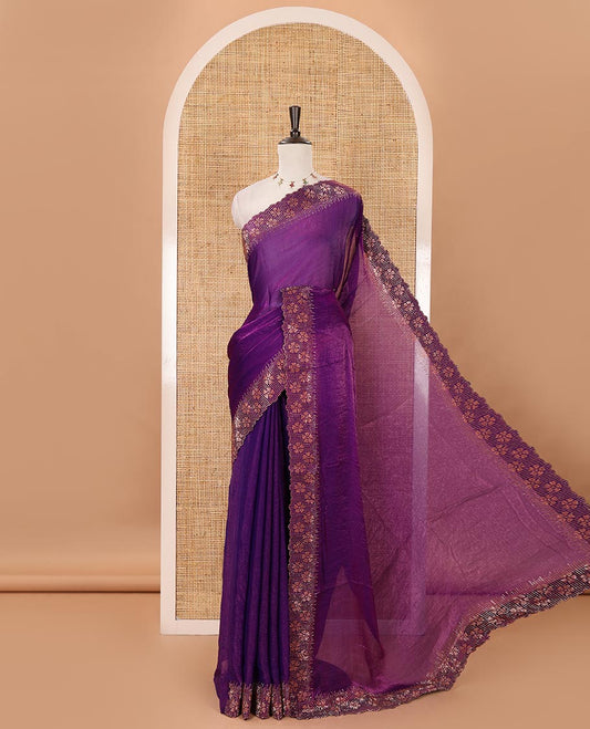 Violet full-plain Fendy satin saree, scallop floral micro-stone embroidered border, self-pallu & contrast stone work blouse