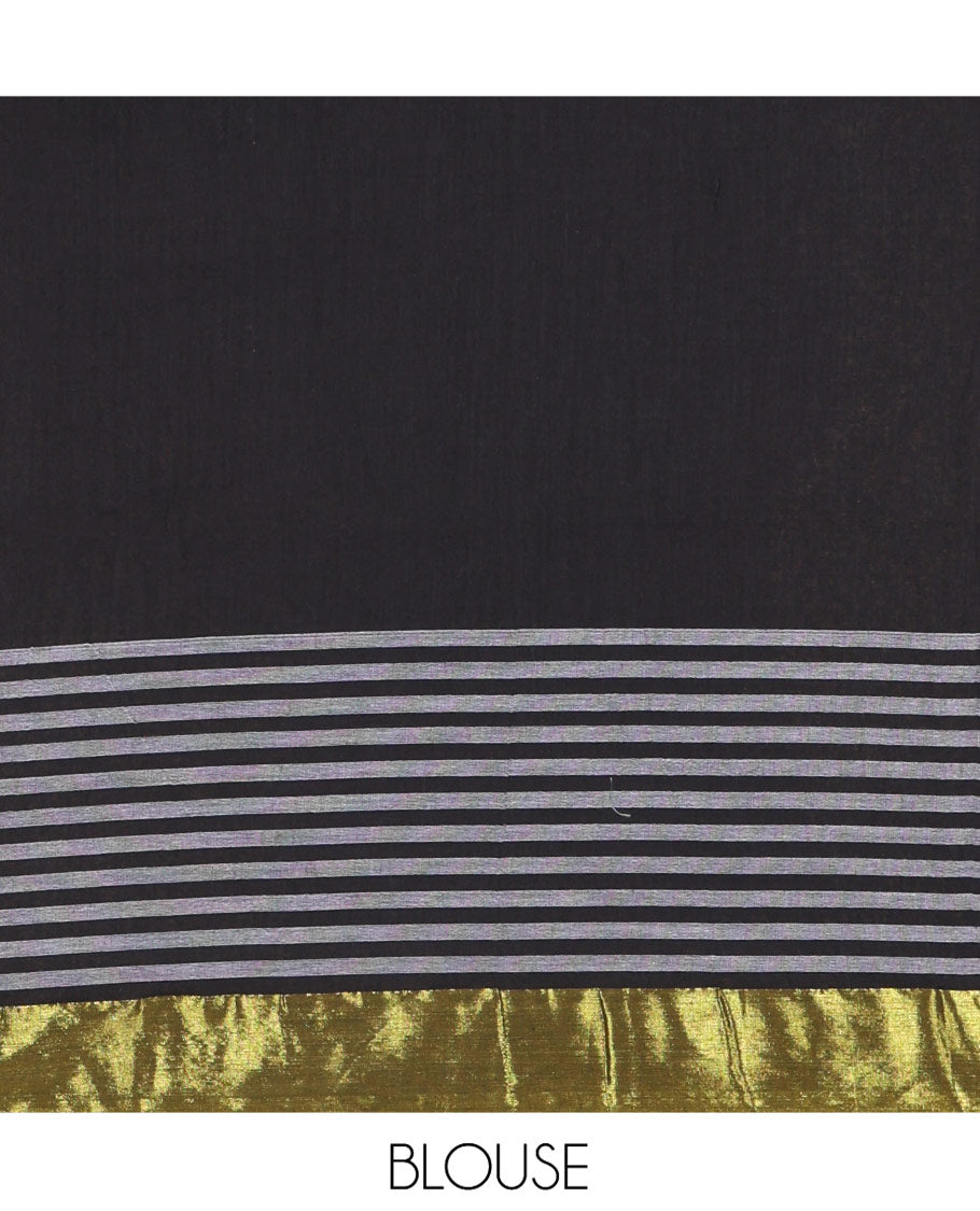 Black Plain Khadi Mul Cotton Saree, Subtly Woven Zari Border of Stripes, Plain Pallu, and Paired with a Matching Blouse